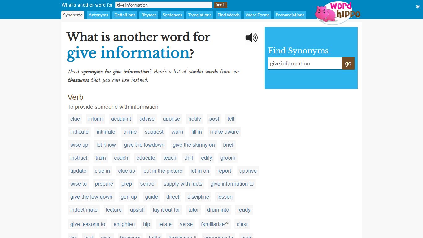 What is another word for give information - WordHippo