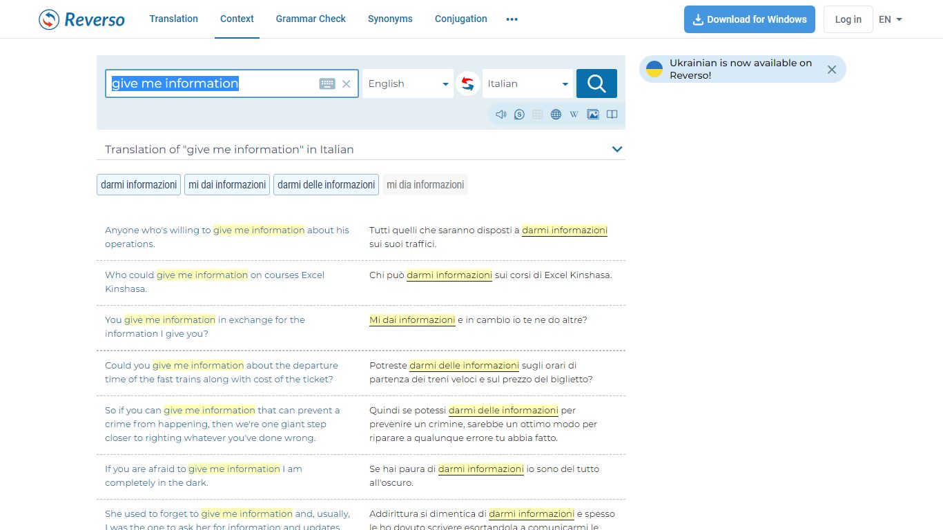 give me information - Translation into Italian - examples English ...